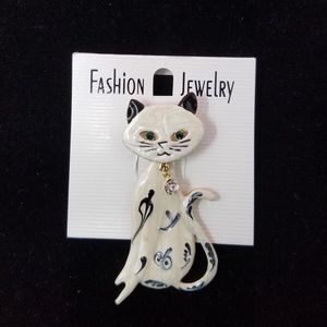 NEW Enamel Kitty Cat Bobble Head Emerald Eyes Crystal Rhinestone Necklace Brooch